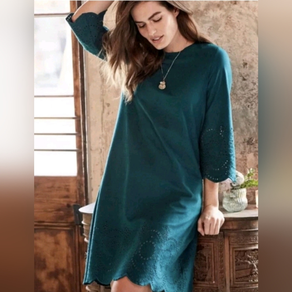 J. Jill Shift Dress XSmall Teal Eyelet Scallop Hem 3/4 Sleeve Cotton Knee Length - Picture 1 of 9